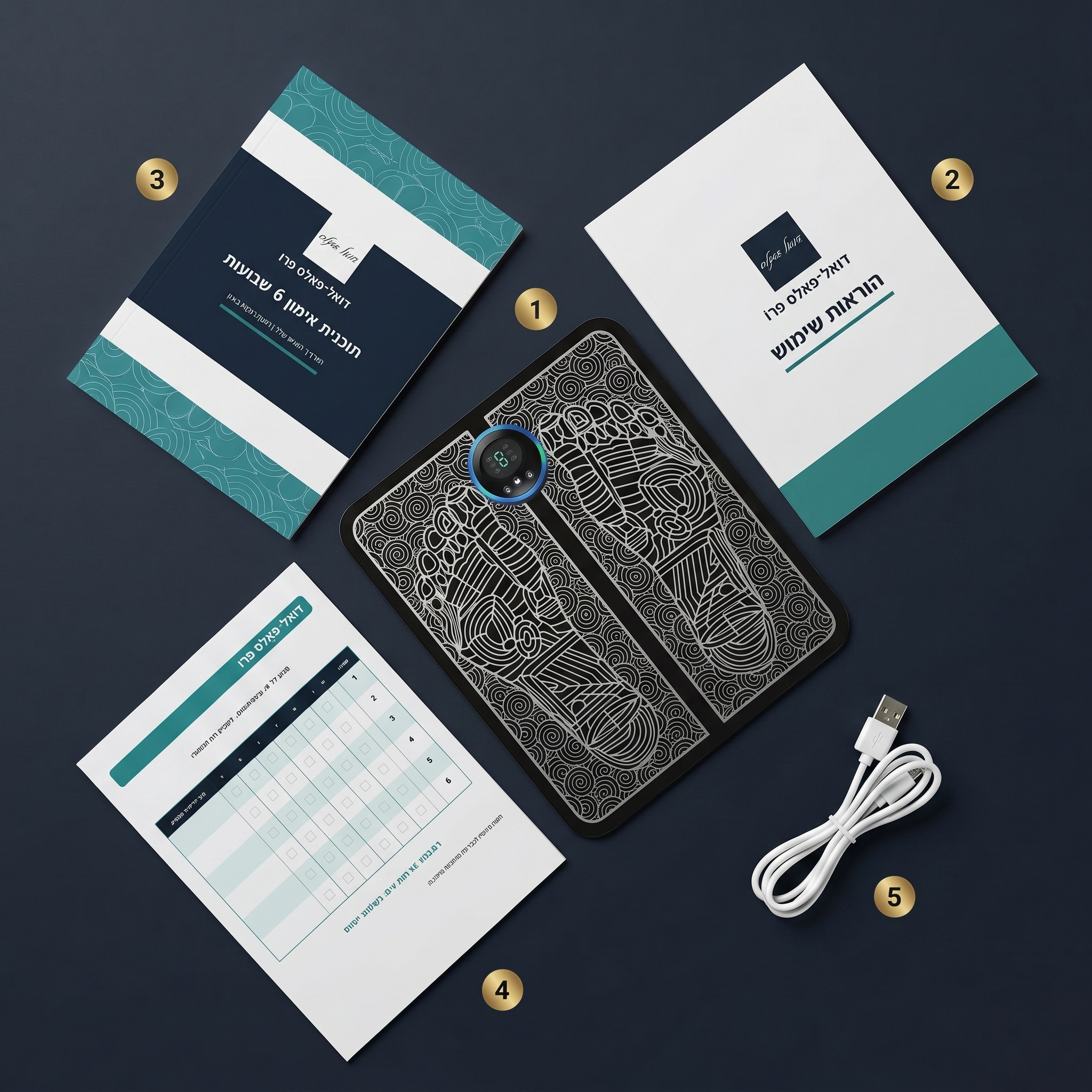 כל התכולה: מכשיר DualPulse Pro, מדריך הפעלה, תוכנית 6 שבועות, טרקר, כבל USB