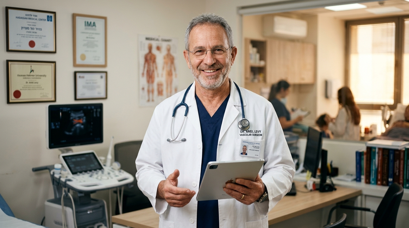 ד״ר אריאל לוי - מומחה כלי דם בקליניקה רפואית, מחזיק טאבלט