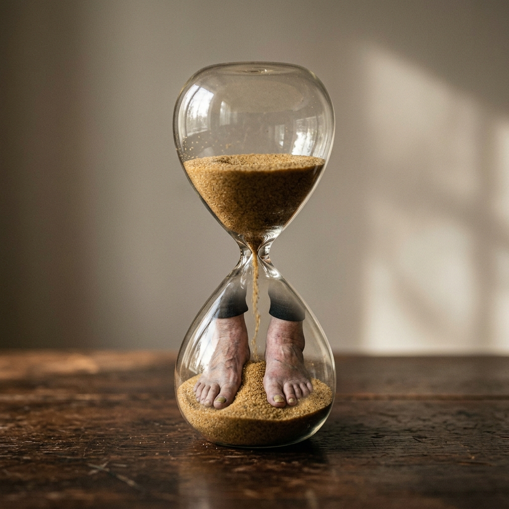 שעון חול עם רגליים שקועות בחול - מטאפורה לזמן שמחמיר את הבצקת