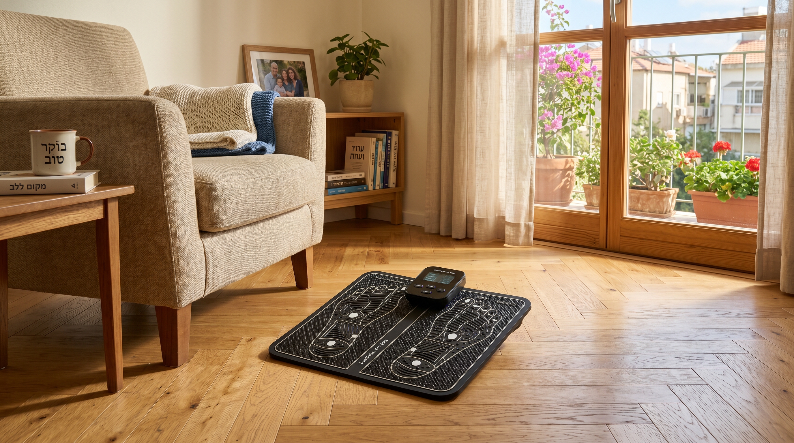 DualPulse Pro מונח על רצפת פרקט בסלון ישראלי, ליד כורסה ושולחן קפה