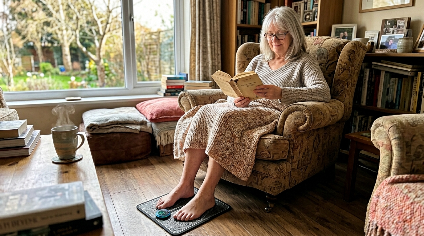 משתמשת בוגרת נהנית מקריאת ספר, כפות רגליה על DualPulse Pro